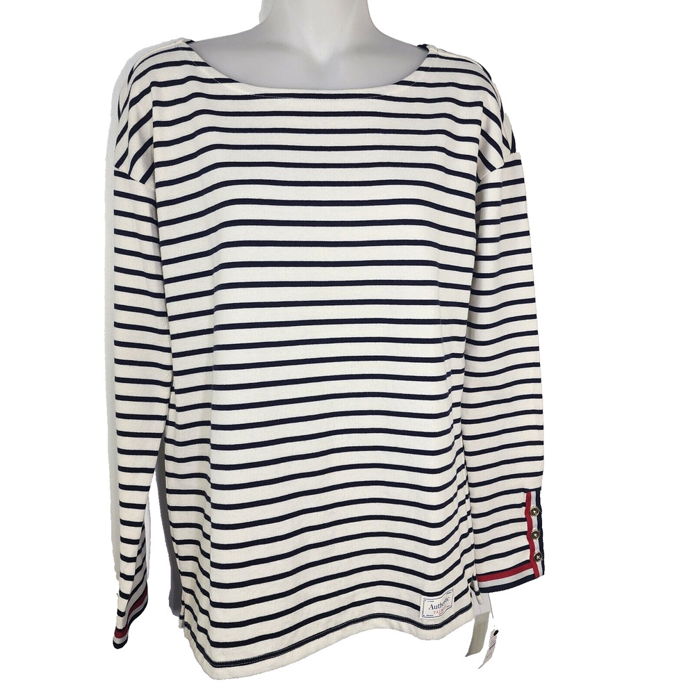 Talbots Women Top Tee XS Blue Ivory Nautical Rhone Striped Authentic Long Sleeve